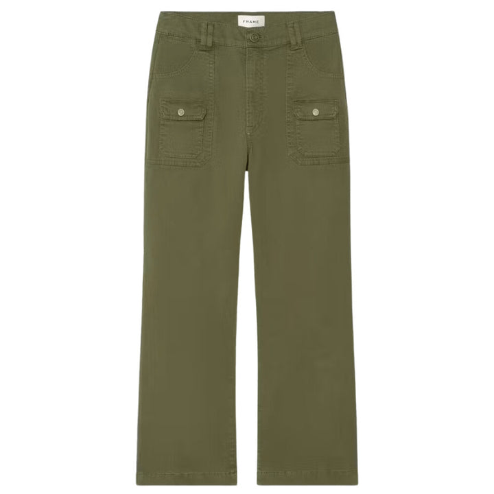 Let your jeans take the day off. This straight-leg pant is made from comfortable stretch twill in a universally flattering washed green. As a nod to utility style, it has front patch pockets as well as flap patch pockets in the back. High Rise Fit. Machine Wash Cold. 98% Cotton/2% Elastane. 11" Front Rise/27" Inseam/17.5" Leg Opening.