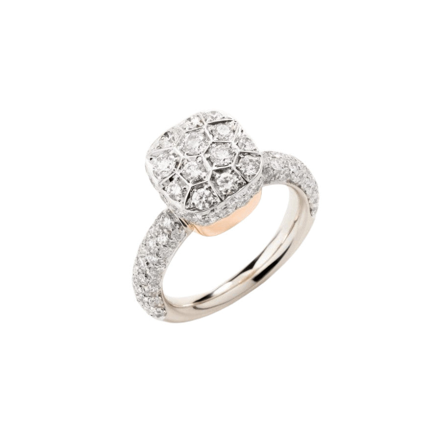 Diamonds take a central role in the new Nudo Solitaire ring. White diamonds are set in white gold to create a warm glow. Ring in 18K white and rose gold with 105 white diamonds (≈1.8 Cts) on 18K white rhodium-plated white gold.