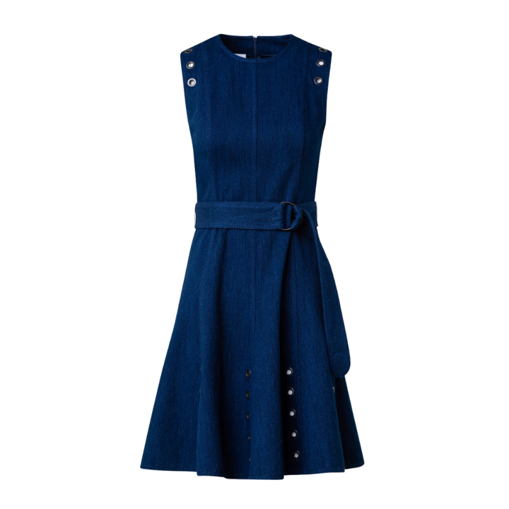 Cotton Denim Stretch A-Line Dress with Eyelet Details