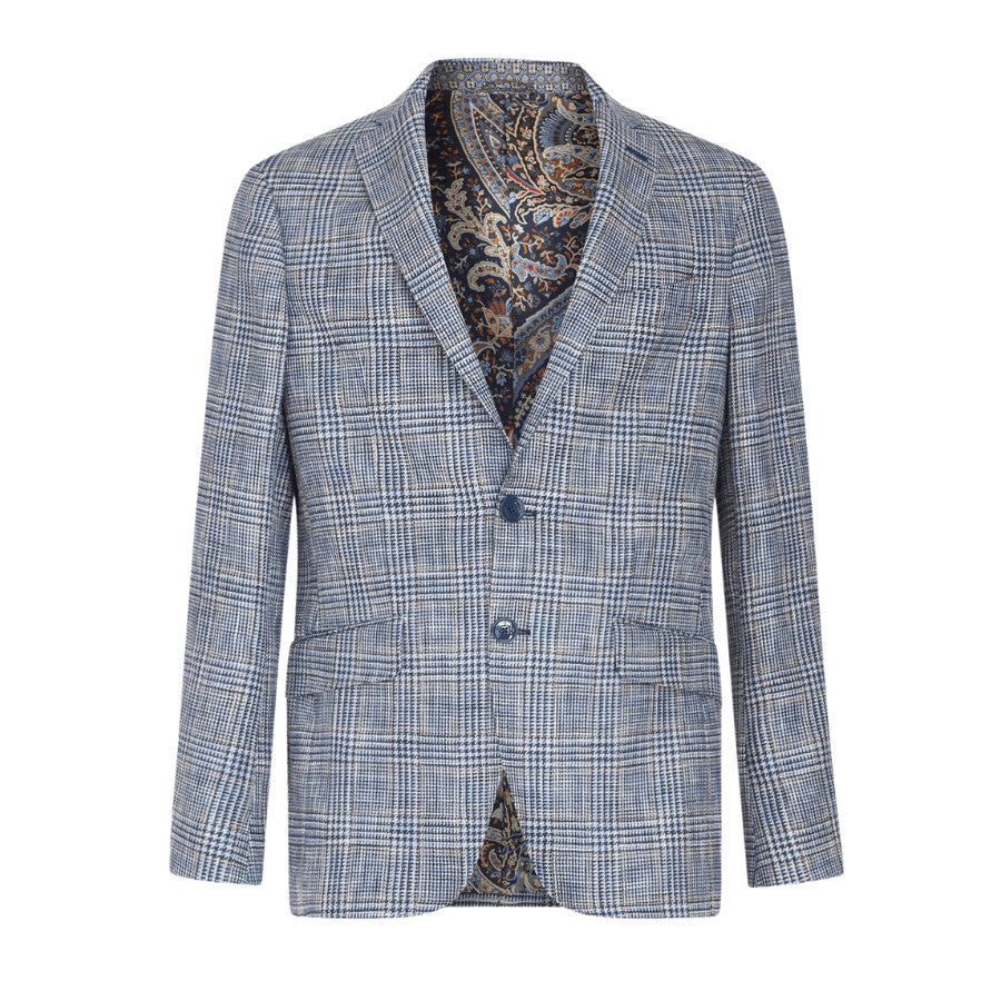 A linen and cotton blend jacquard single-breasted blazer featuring a check motif. The inner lining is adorned with a charming floral Paisley print. • 38% cotton, 33% linen, 29% wool. • Interior: 50% viscose, 50% cupro. • Sleeves: 100% viscose. • Regular fit. • Single-breasted closure.