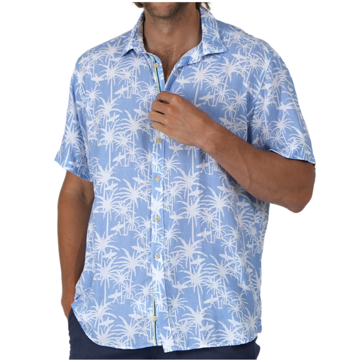 Light Blue Surf Palms Short Sleeve Sport Shirt