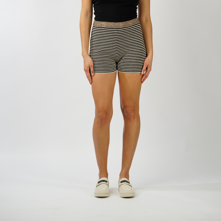 Sequined Waistband Cotton Stripe Shorts