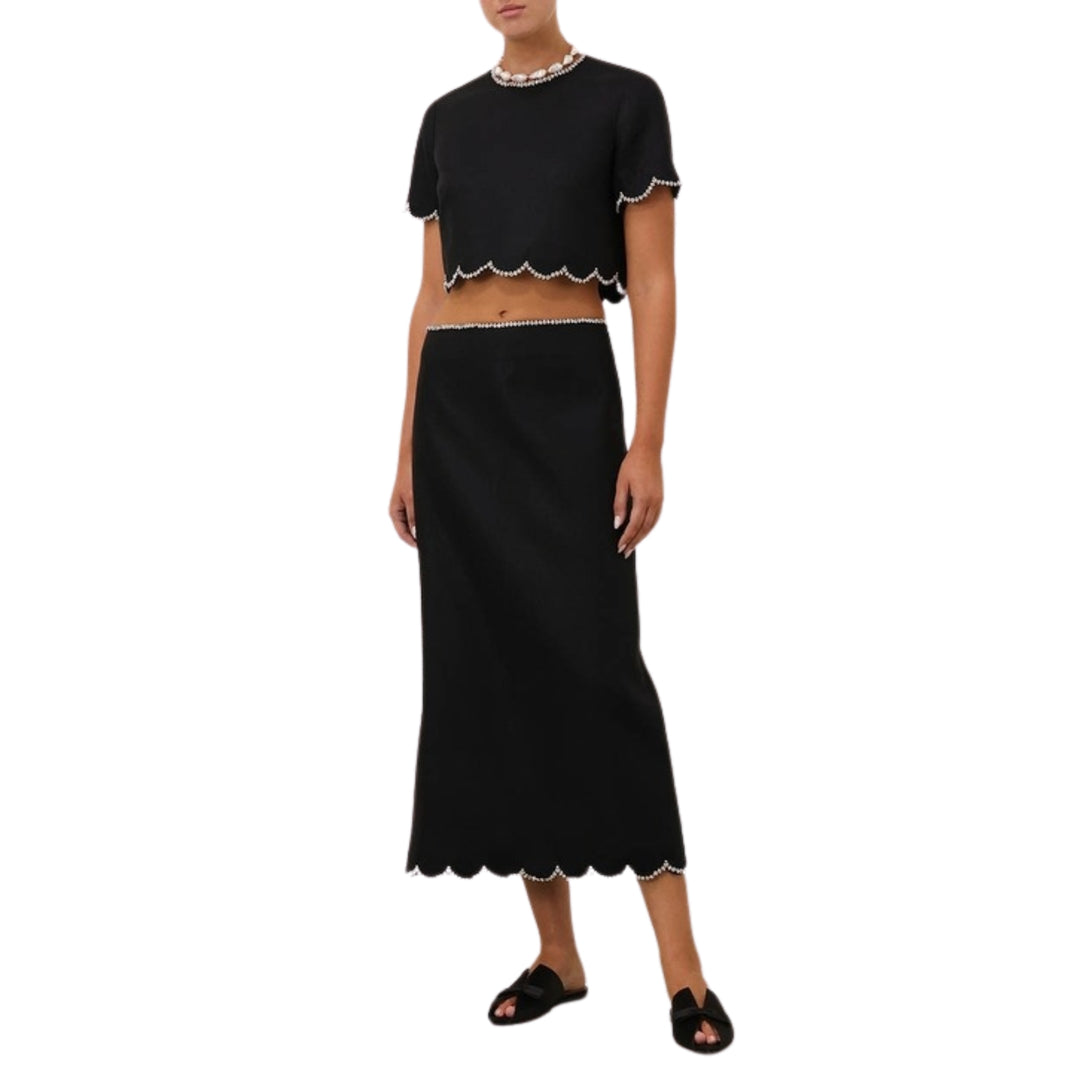 Zimmermann CRUSH SCALLOPED MIDI SKIRT in Black