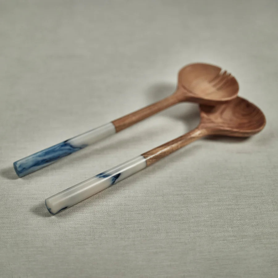 Mango Wood Salad Server Set with Blue Resin Handles