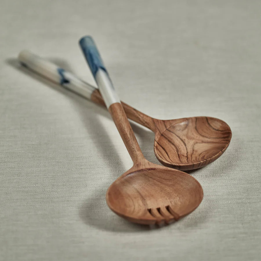 Mango Wood Salad Server Set with Blue Resin Handles