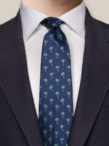 Navy Blue Printed Palm Tree Silk Tie