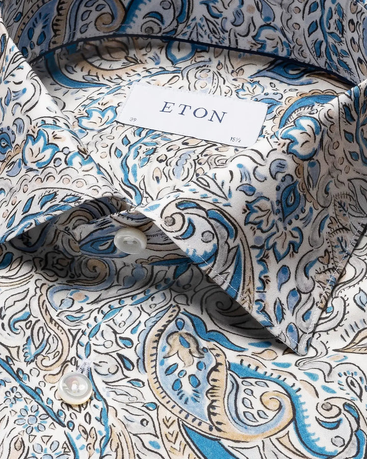 Mid Blue Paisley Print Fine Twill Contemporary Fit Shirt