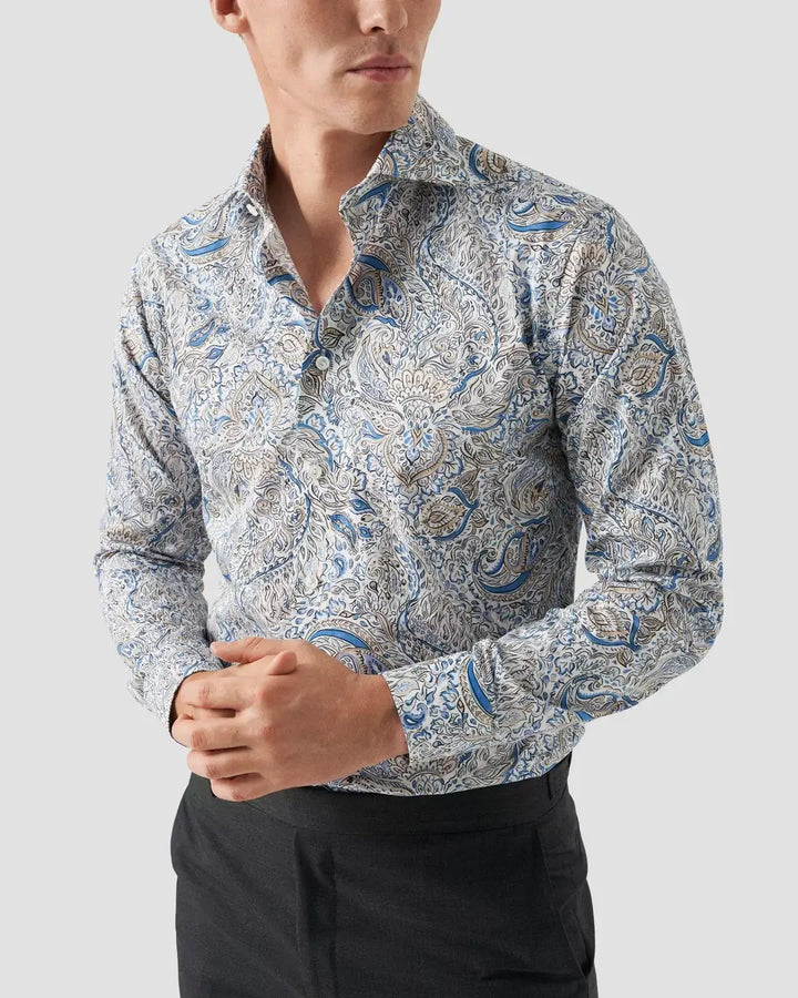 Mid Blue Paisley Print Fine Twill Contemporary Fit Shirt