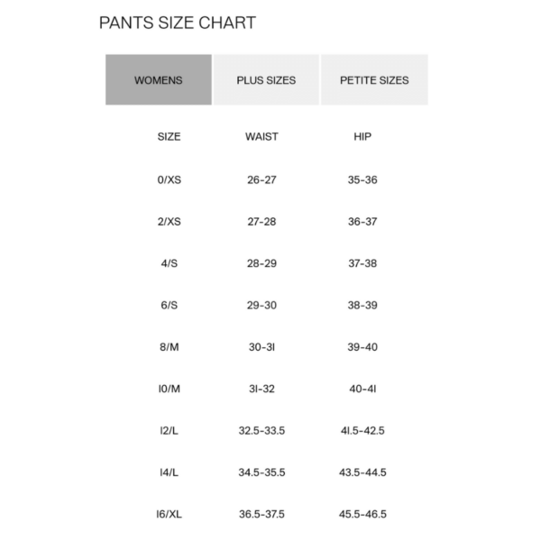 Lafayette Pant size chart