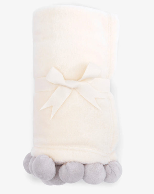 Gray Pom Trim Fleece Baby Stroller Blanket