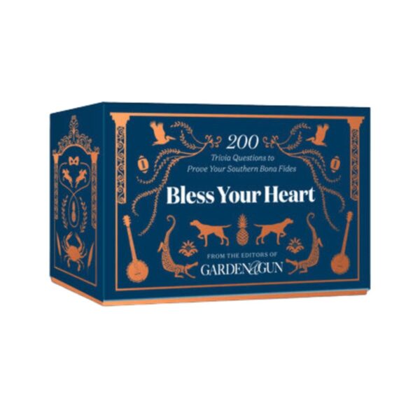 Bless Your Heart - 200 Trivia Questions to Prove Your Southern Know-How. Test your knowledge of Southern food, arts, sports, travel, and more with these multiple-choice trivia cards. Check out our Fun & Games section here.  For 2 or more players Written by the Editor's of Garden and Gun Box Dimensions: 3.7" x 2.4" x 5.6 Make sure to check out our Pinterest boards for style tips and more.