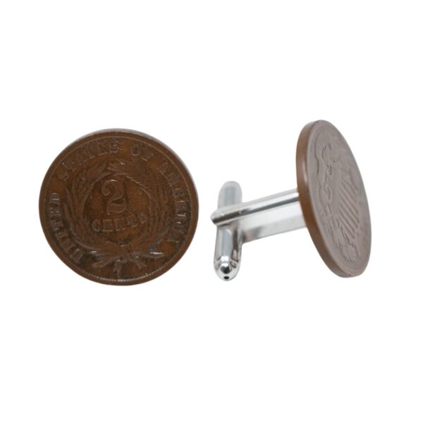 The 2 Cent Piece Cufflinks are authentic coins repurposed into cufflinks. Bronze. Year: 1864-1872. Shape: round.