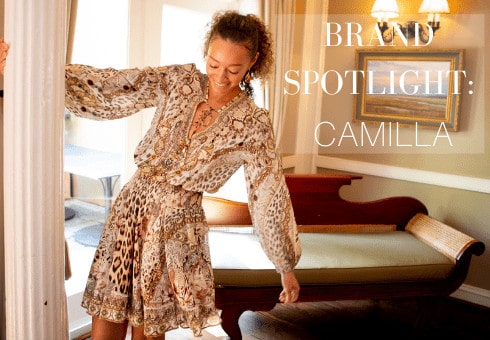 Brand Spotlight Blog Cover Page with Model Wearing Camilla Dress