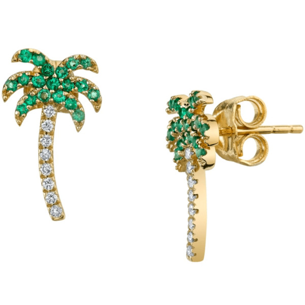 Gold Diamond and Emerald Palm Tree Stud Earrings
