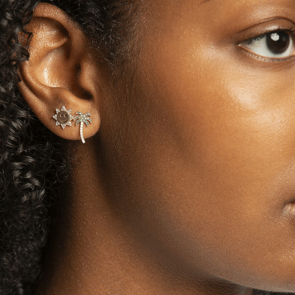 Gold Diamond and Emerald Palm Tree Stud Earrings