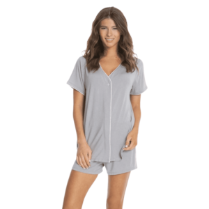 Luxe Milk Short Sleeve Piped PJ Boxer Set in Pewter