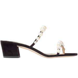 Amara 45 in Black Suede Mules with Pearl Embellishment