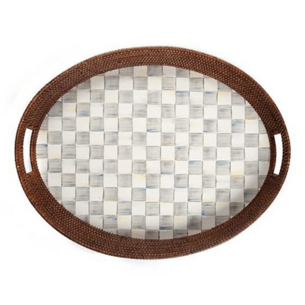 An ample tray for breakfast in bed, a garden party or your personal carry-out, the Sterling Check Rattan & Enamel Party Tray begs no occasion, but suits casual and formal fêtes alike. As handy as it is handsome, this entertaining tray mixes woven natural rattan against our hand-painted Sterling Checks.