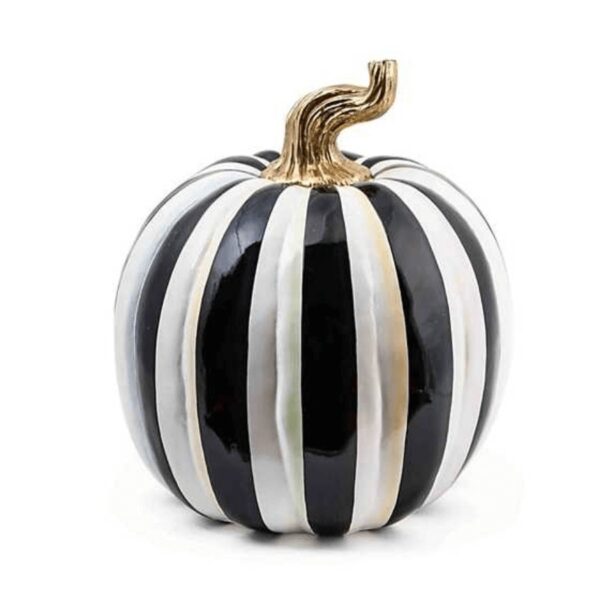 Take your pick from our most unusual pumpkin patch with the Large Courtly Stripe Glossy Pumpkin, featuring hand-painted Courtly Stripes with a glossy finish, trimmed with a gold leaf stem.