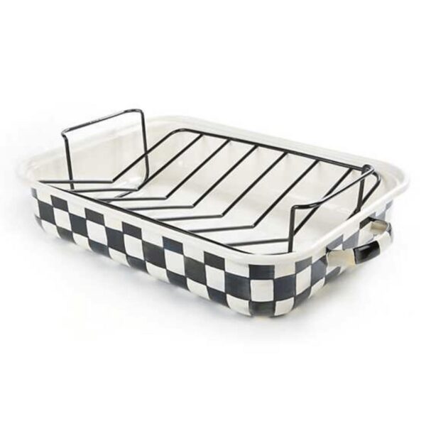 From the oven to your table, MacKenzie-Childs Courtly Check Enamel Roasting Pan with Rack transitions with more than a dash of panache. Imagine how your envy-inducing entrees will stand out when served up in a dish bedecked with MacKenzie-Childs signature black and white pattern. A removable wire rack is included, for preparation as flawless as the presentation.