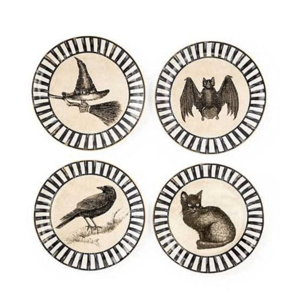 Host a bewitching gathering with this set of four ceramic dessert plates. Each food-safe plate features a different design, including witch’s hat, black cat, bat, and crow, with Courtly Stripe around the rims.