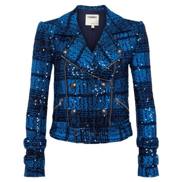 L'Agence Billie plaid moto jacket finished with sequin embellishments and silvertone embossed-dome buttons.