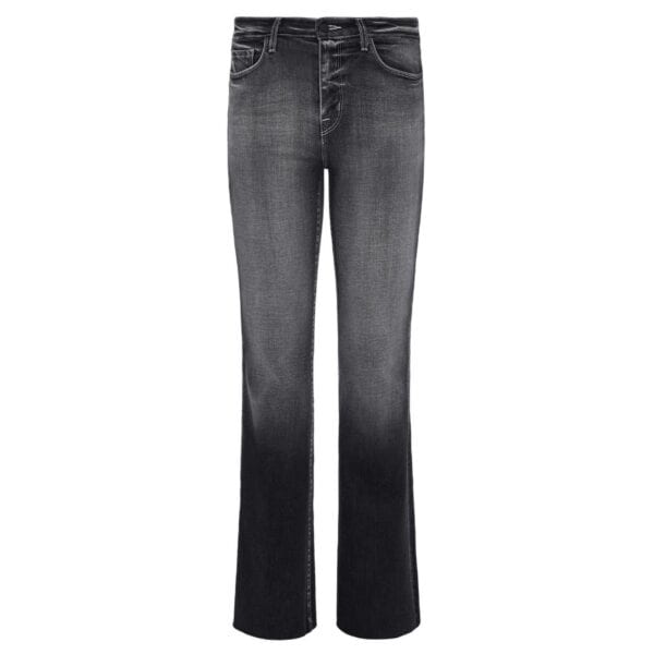A beautifully proportioned flare-leg jean in steel grey. Premium stretch denim has an authentic hand and includes REPREVE, a sustainable, high-performance recycled fiber. Hugs from natural waist to knee before draping into a flared leg with raw hem finish. 32" inseam perfect for wearing a sneaker or ideal length for average height fit. Classic five-pocket construction and zip-fly closure.