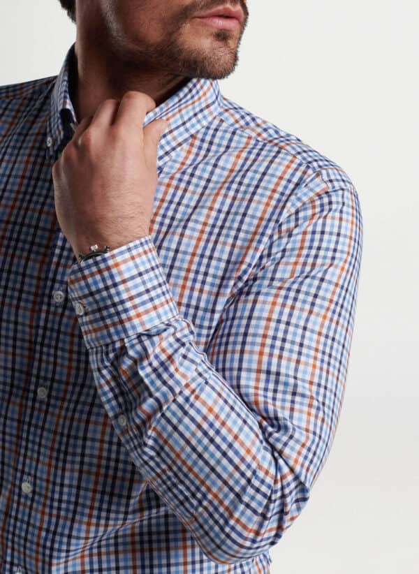 This sophisticated sport shirt is made from an incredibly soft cotton with our signature Flex Finish. This special treatment allows for incredible stretch mobility without the use of synthetic fibers. Finished with a button-down collar, French placket and mitered cuffs.