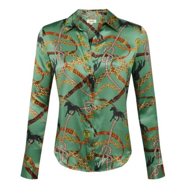 The quintessential blouse in lustrous silk charmeuse featuring a horse-and-chain print set against a frosty spruce-green background. Has sharp sartorial details like a stand collar, long button-cuff sleeves and back yoke with inverted pleat. Open neckline, curved hem, and liquid hand add subtle femininity. A nimble style that works equally well with jeans or skirts. Front button closure. 100% Silk.