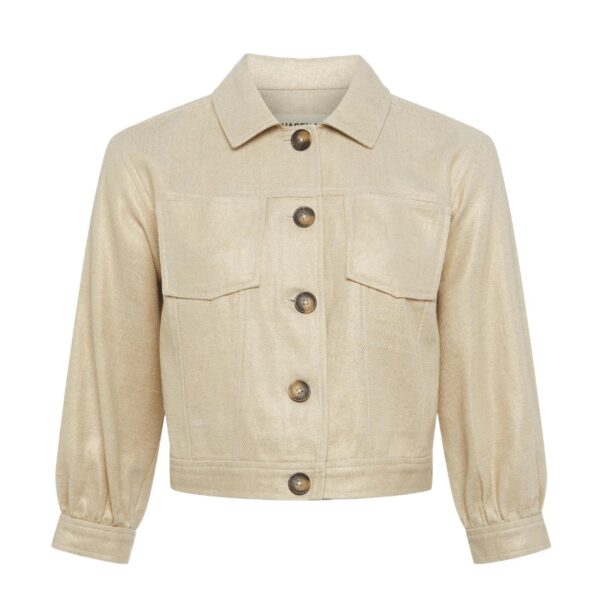 A subtly glamorous utilitarian jacket in beige-and-metallic-gold cotton-linen twill. Relaxed-fit jean-jacket design falls straight from drop shoulder to banded hem. Classic trim collar, patch pockets, and back yoke balanced by three-quarter blouson sleeve. Front button closure.