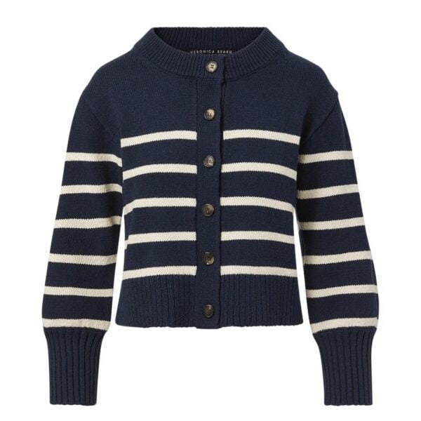 A nautical striped cardigan is forever. Introducing the Kylin, made from 100% cotton, and designed to be an everyday go-to. This timeless piece offers a relaxed, easy fit, and is finished with puffed sleeves, a slightly cropped length, and tortoise buttons. Throw it over your shoulders when temperatures start to drop or wear it alone with jeans and loafers for a classic fall look.