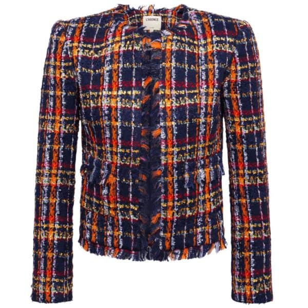 A trim blazer in a multi-hued plaid-tweed. Unique textural design includes strong shoulders, subtly shaped waist, front flap-patch pockets and fringe finishes. Falling to the high hip, style has has an open front with no closures. Slim-fit through arms. Size up if you plan to layer.