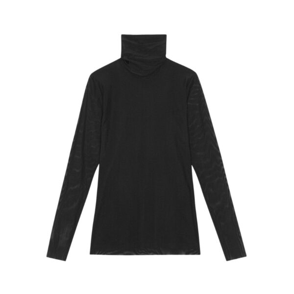 This Black Mesh Long Sleeve Roll Neck is made from a blend of recycled nylon. The roll neck is designed for a form-fitting silhouette and features a high neck and long sleeves.