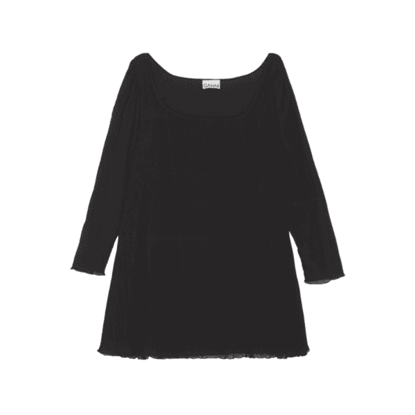 This Black Pleated Georgette Mini Dress is made from recycled polyester. The dress is designed for a regular fit and features a U-neckline, long sheer sleeves.
