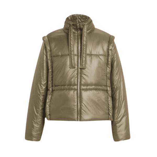 Ganni quilted jacket featuring paneled construction and logo at back.
