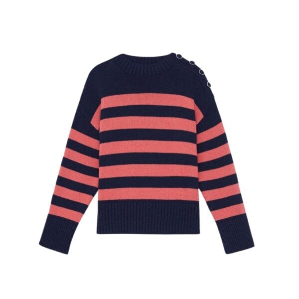 A nod to Lafayette 148's Brooklyn Navy Yard Atelier, this nautical-inspired sweater features a high crewneck that opens with metal-framed buttons at the shoulder. It's expertly knit to span the seasons in a light yet lofty Italian cotton-wool chainette with bold signature stripes and an oversized shape balanced by wide ribbed trims at the cuff and hem.