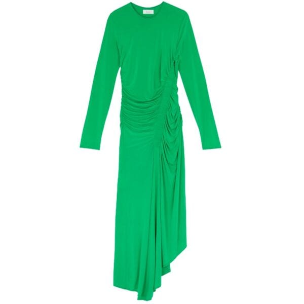 The Adeline Dress is crafted of a figure-skimming crepe jersey blend fabric in vibrant green. This long-sleeve silhouette features a round neckline, asymmetrical high-low hem, and ruching through the bodice. Shop Dresses
