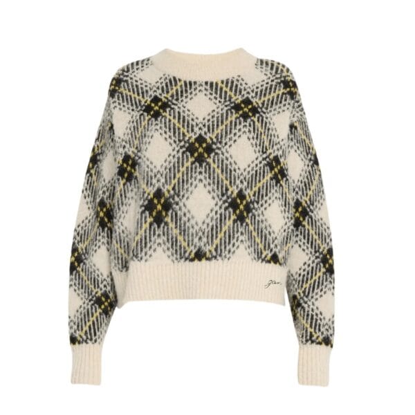 Crafted from a soft wool blend, this oversized pullover has a cozy and comfortable fit. The pullover features a bold check print in shades of white and cream for a classic look. The long sleeves and ribbed hem provide warmth and style, making this pullover ideal for chilly days. Whether you're headed to work or out for a weekend getaway, this pullover will keep you warm and stylish all season long.