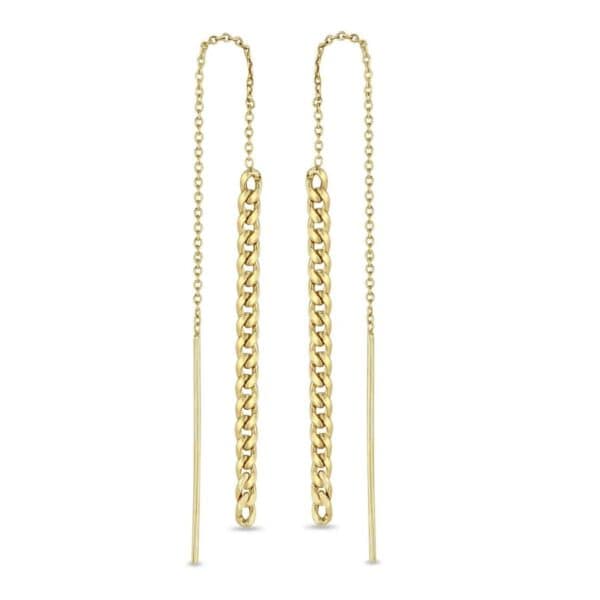 14k gold wire and cable chain threader earrings with a long drop of small hollow curb chain.