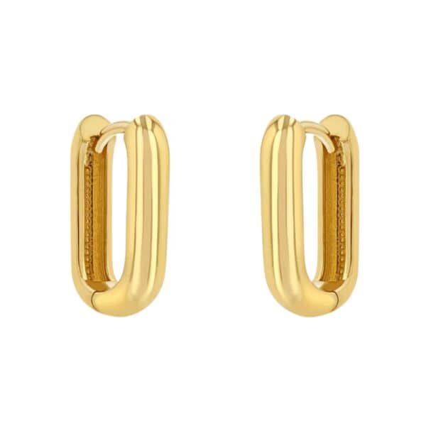 14k gold thicker medium elongated oval hinged hoop earrings.