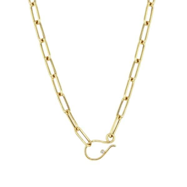14k gold large hollow paperclip link chain necklace with an S hook closure at the front and a prong set round diamond set on the inside of the hook.