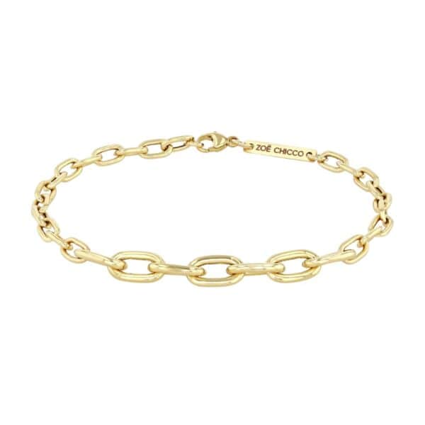 14k gold medium hollow square oval link chain bracelet with a long station of extra-large square oval link chain in the middle.