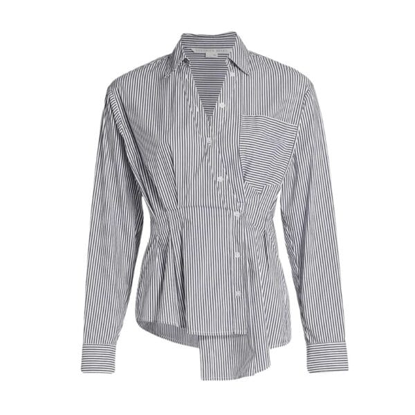 Decorated with pinstripes, Veronica Beard's asymmetric Rosamund cotton shirt is detailed with a point collar, long sleeves, and dual patch pocket at the front.