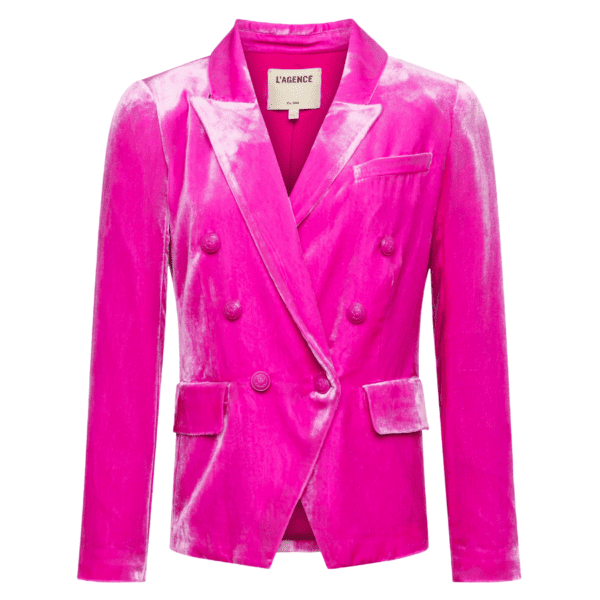 Expertly crafted double-breasted blazer in hot-pink. Meticulously tailored look balanced by plush silk-infused velvet with fabulous drape. Style features strong shoulders that accentuate the tapered waist, peaked lapels, and seamed flap pockets. Includes six tonal buttons as accents and closure. Fully lined.