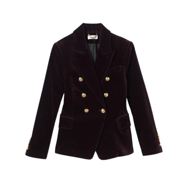 The Chelsea Jacket is crafted of our sumptuous velvet suiting fabric in a chocolate plum hue. This tailored silhouette is slightly shorter than our best-selling Sedgwick Jacket. Designed for a waist-cinching fit when closed with the single button, the style features notched lapels and flap pockets. Gold-toned buttons along the cuffs complete the look