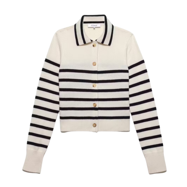 This striped, slightly-cropped cardi is a casual take on a French-girl staple. Featuring a relaxed collar and horn button front closures, this mariner-inspired knit will become your best layering friend from day to date night. Crafted from 100% cashmere for the softest wear.