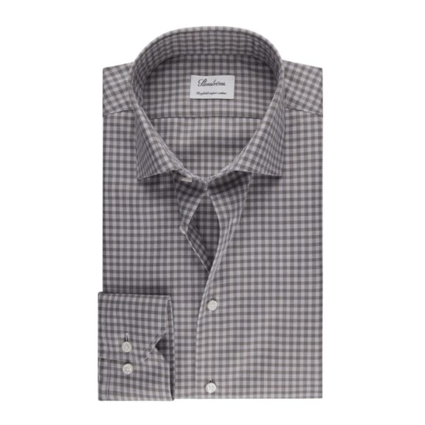 Moderate cut away collar, No. 75. Single Cuff. Checked pattern. Twill. Mother of pearl buttons.