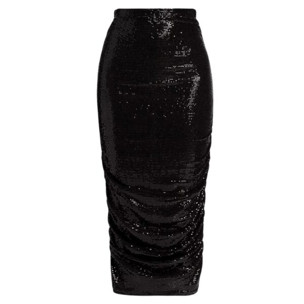 A sleek mid-length pencil skirt in black. Featuring flattering allover ruching, design gently hugs hips before draping to a straight hem that grazes the lower calf. Pull-on style includes contoured waistband.