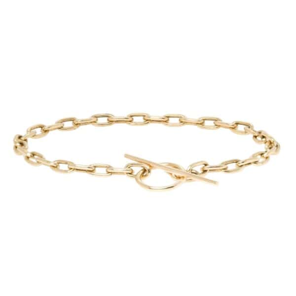 14k gold medium hollow square oval link chain bracelet with a bar toggle closure.