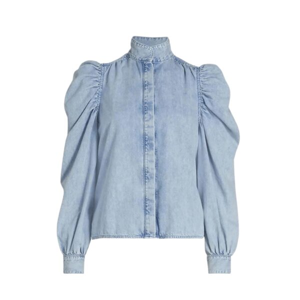 Frame's Gillian top is crafted of washed denim and features ruched puff sleeves for effortless volume. This style is complete with a stand collar and concealed button placket.
